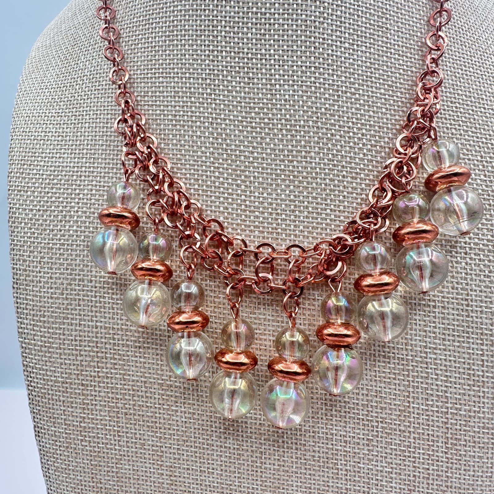 Vintage 90s Rose Gold Tone Glass Orb Statement Fringe Necklace Boho Jewelry - Thumbnail 7