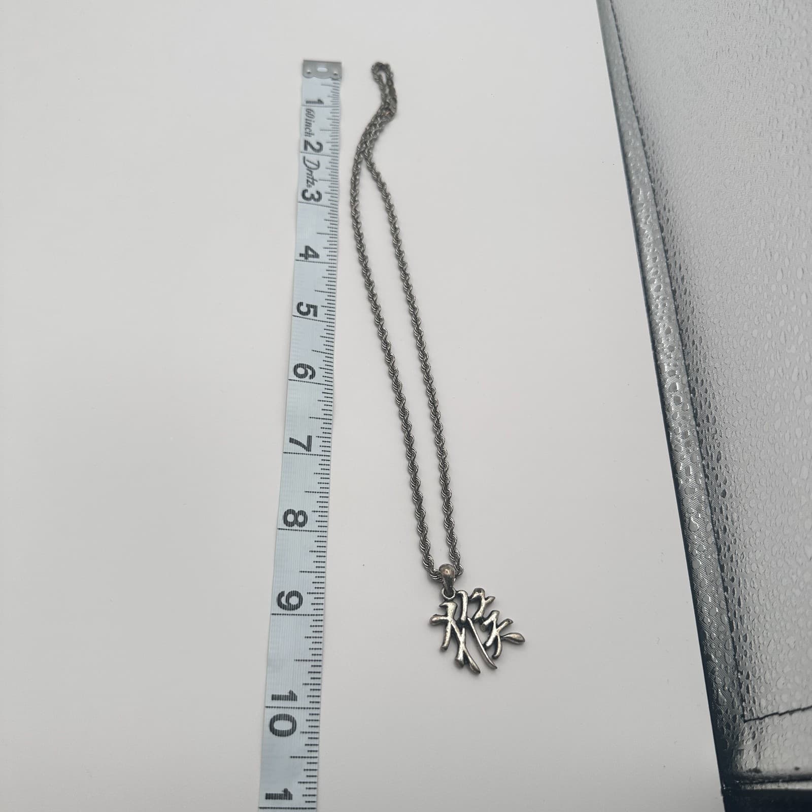 Vintage 90s Silver Tone Kanji Love Symbol Pendant Necklace Rope Chain Jewelry - Thumbnail 8