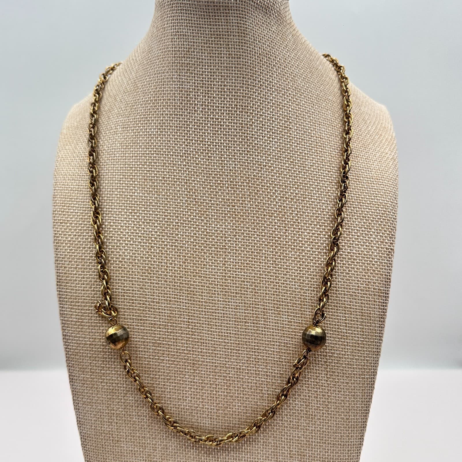 Vintage 80s Gold Tone Ball Bead Station Necklace Rope Chain Statement Jewelry - Thumbnail 8