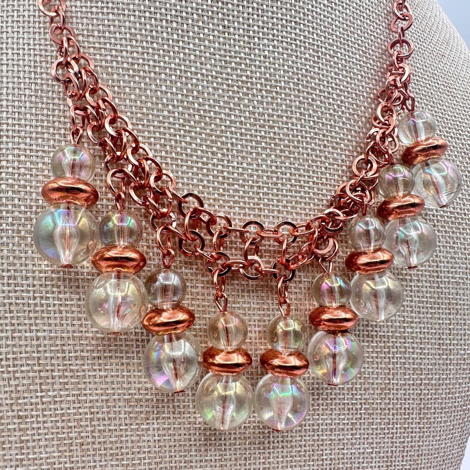 Vintage 90s Rose Gold Tone Glass Orb Statement Fringe Necklace Boho Jewelry - Thumbnail 3
