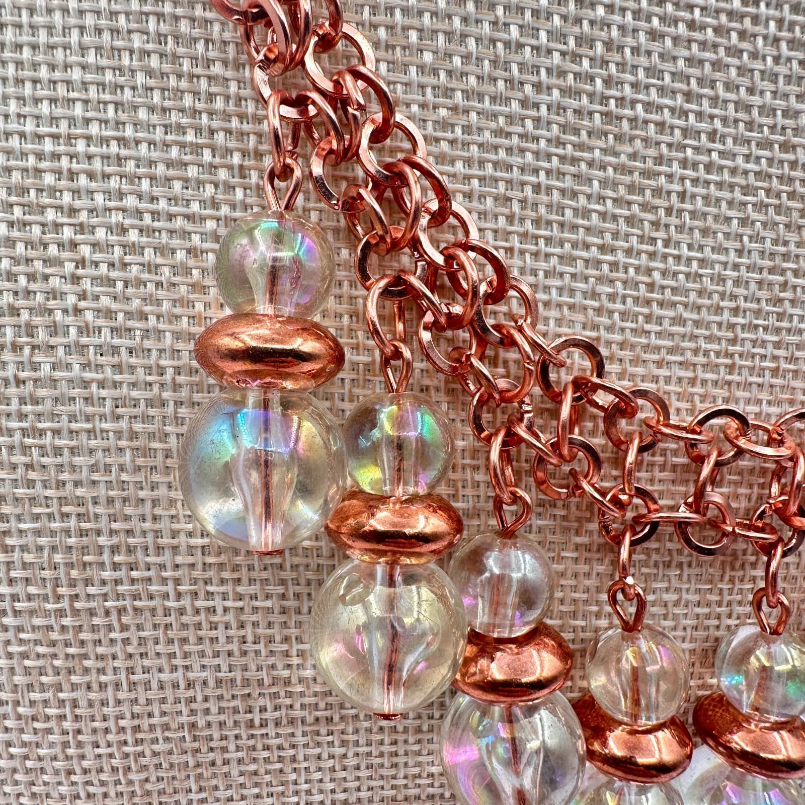Vintage 90s Rose Gold Tone Glass Orb Statement Fringe Necklace Boho Jewelry - Thumbnail 4