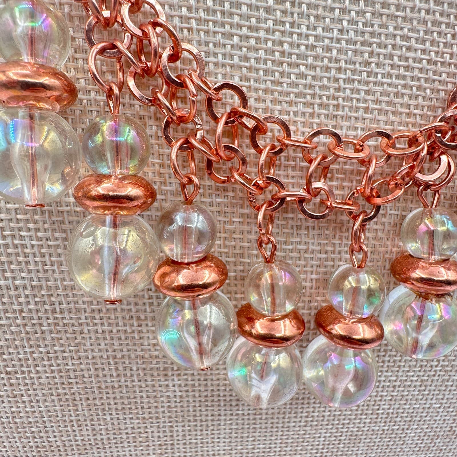 Vintage 90s Rose Gold Tone Glass Orb Statement Fringe Necklace Boho Jewelry - Thumbnail 6
