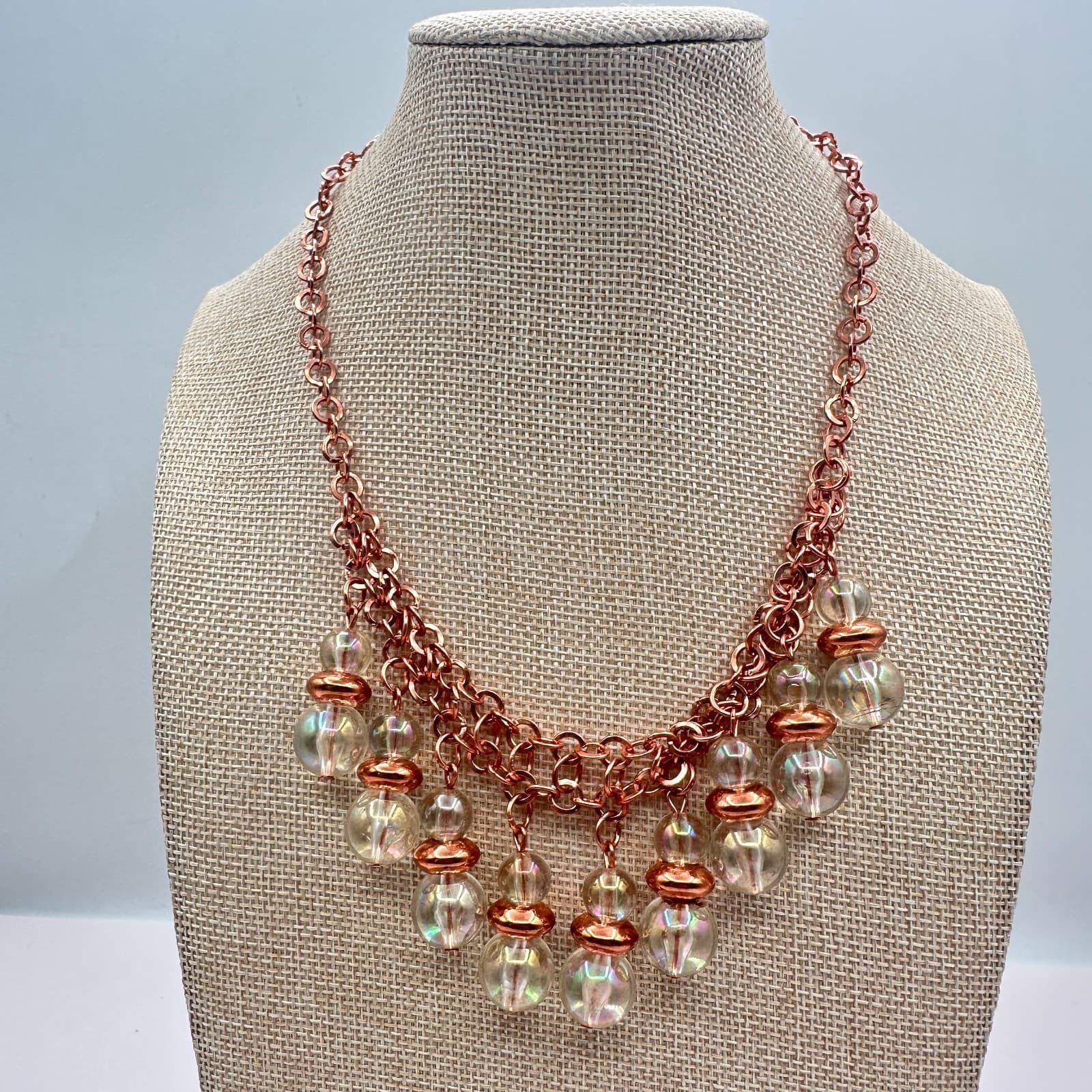 Vintage 90s Rose Gold Tone Glass Orb Statement Fringe Necklace Boho Jewelry - Thumbnail 8