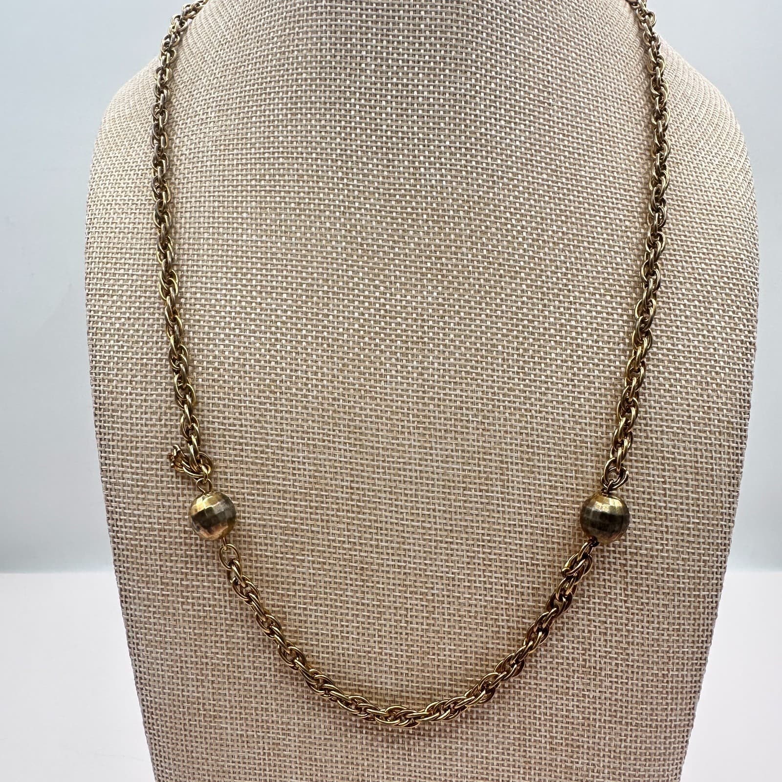 Vintage 80s Gold Tone Ball Bead Station Necklace Rope Chain Statement Jewelry - Thumbnail 7