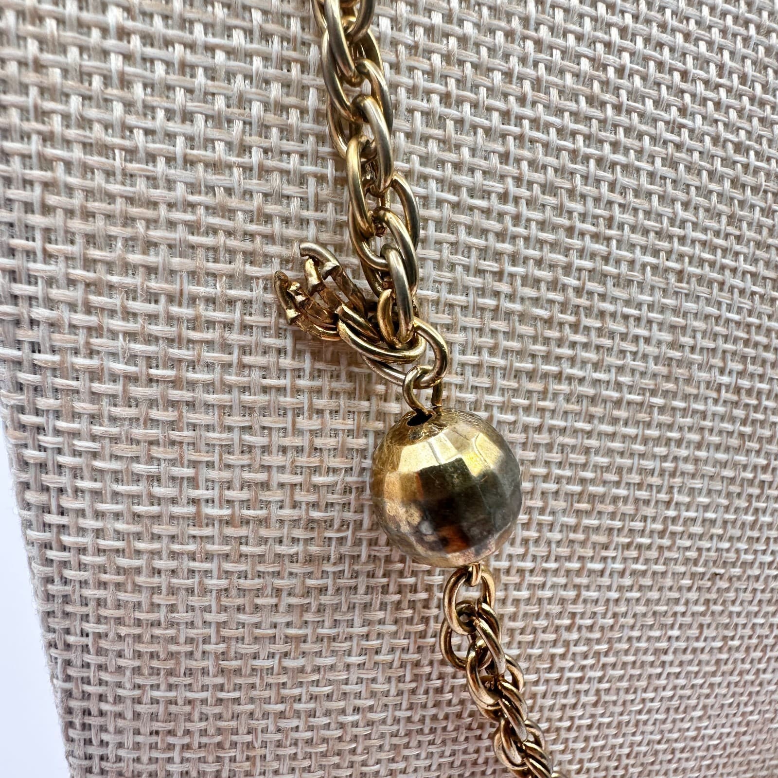 Vintage 80s Gold Tone Ball Bead Station Necklace Rope Chain Statement Jewelry - Thumbnail 4