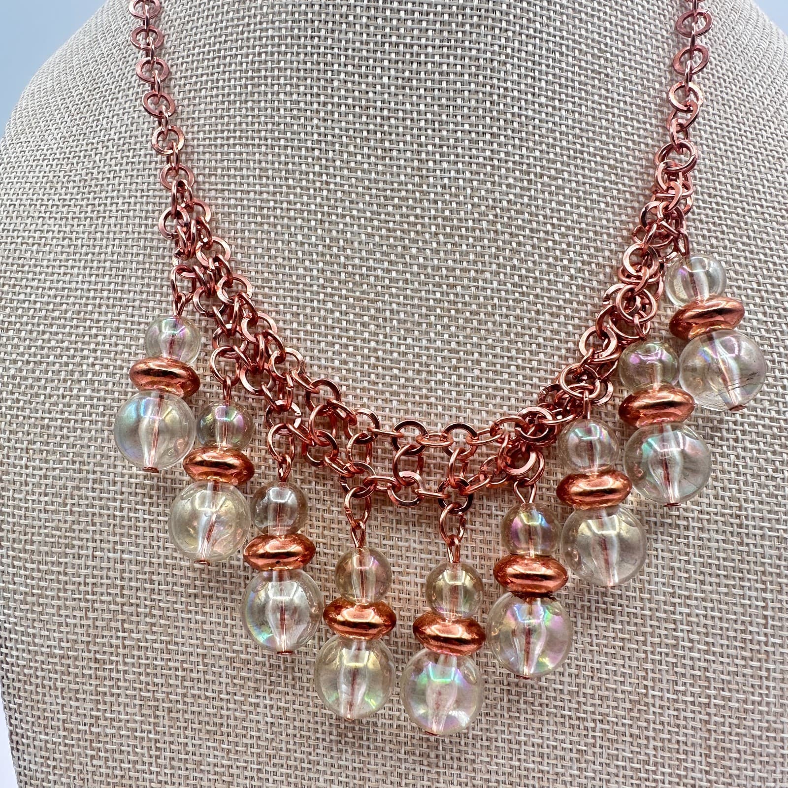 Vintage 90s Rose Gold Tone Glass Orb Statement Fringe Necklace Boho Jewelry - Thumbnail 2