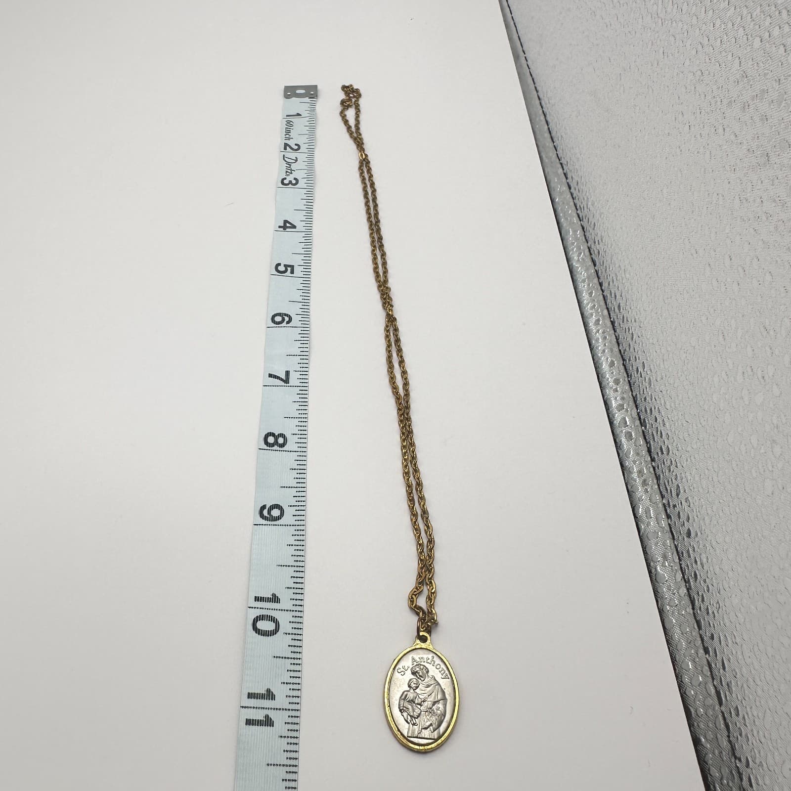Vintage 80s Gold Tone St Anthony Medal Pendant Necklace Silver Tone Jewelry - Thumbnail 10
