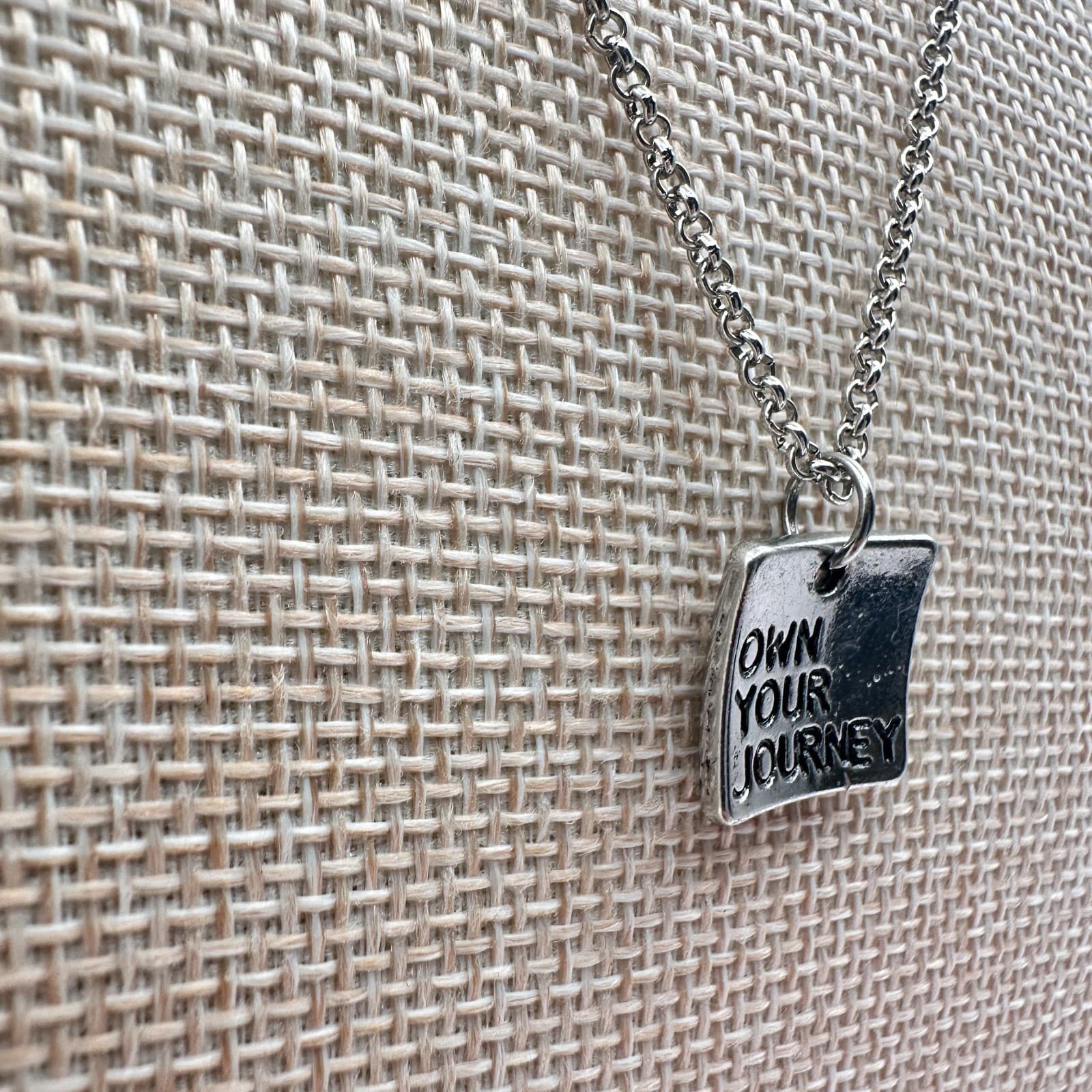 Vintage 80s Own Your Journey Silver Square Pendant Necklace Inspiration Jewelry - Thumbnail 4