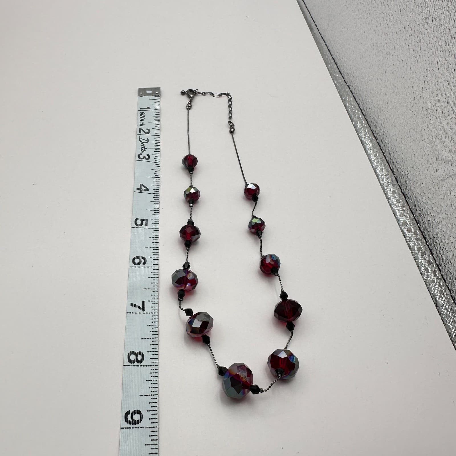 Vintage 90s Silver Tone Red AB Faceted Beaded Necklace Women's Classic Jewelry - Thumbnail 9