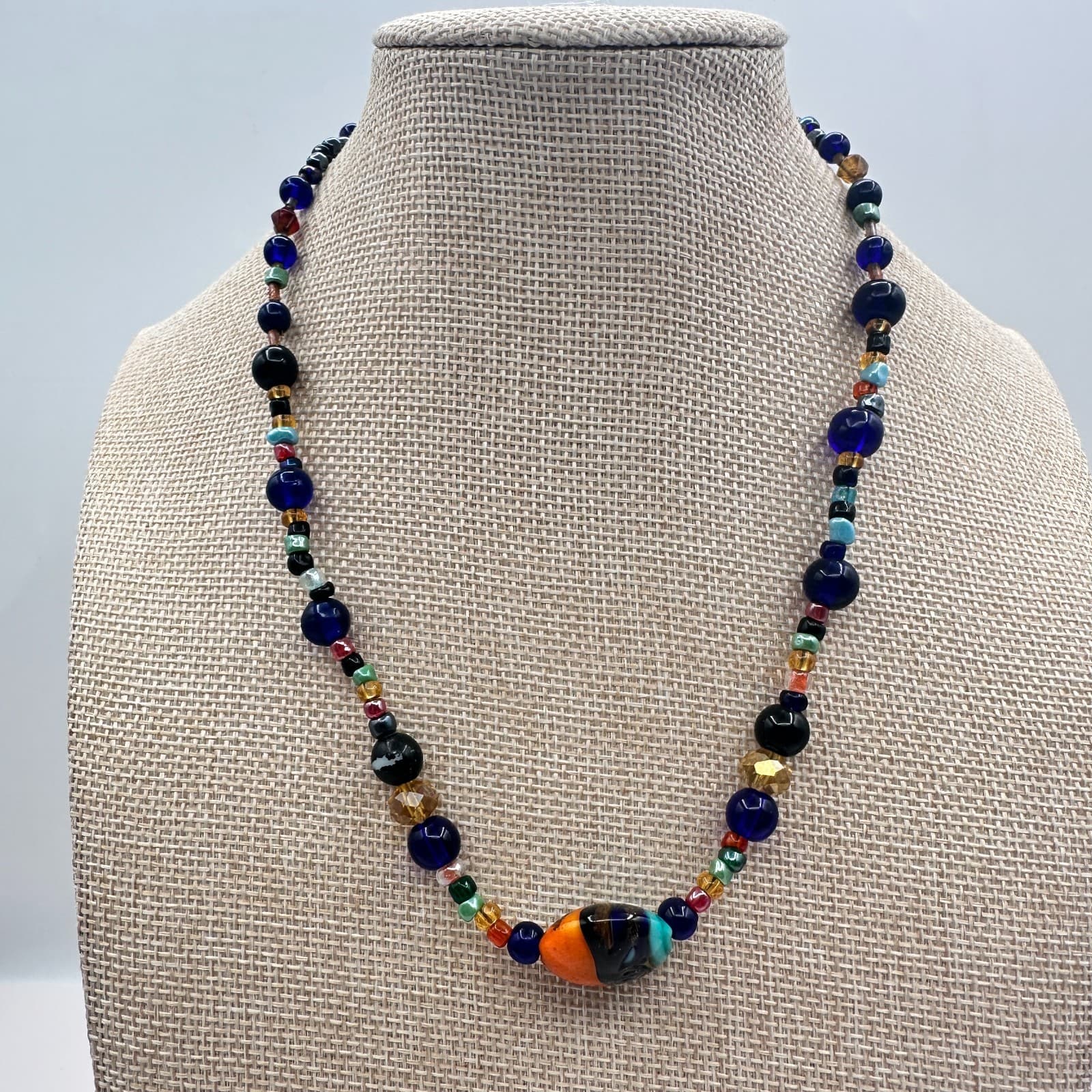Vintage 90s Beaded Necklace Glass Lapis Agate Murano Style Statement Jewelry - Thumbnail 6