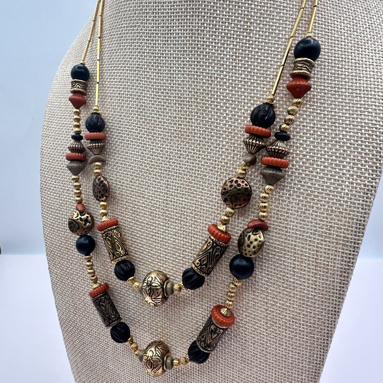 Vintage 90s Gold Tone Double Strand Beaded Necklace Boho Women's Classic Jewelry - Thumbnail 6