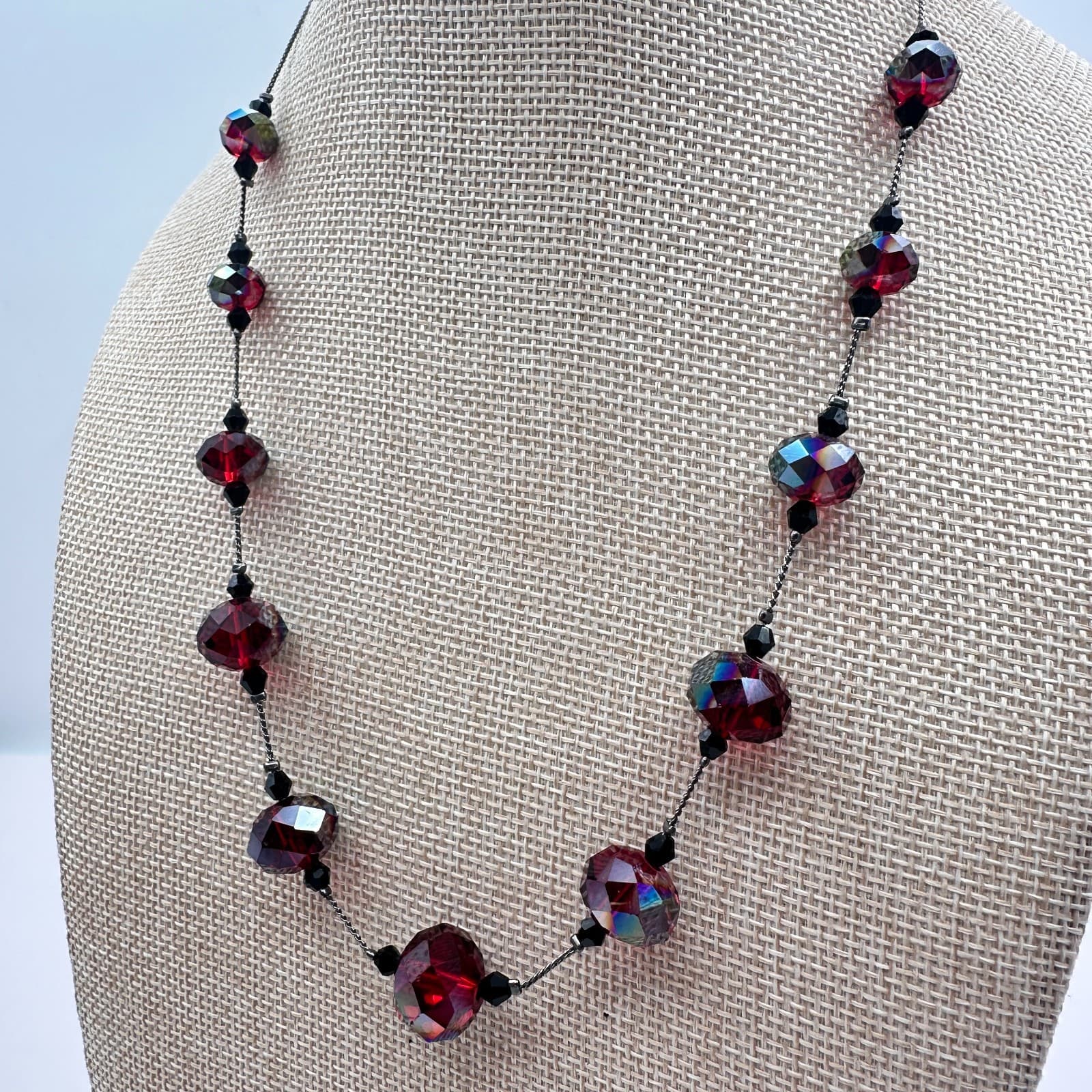 Vintage 90s Silver Tone Red AB Faceted Beaded Necklace Women's Classic Jewelry - Thumbnail 6