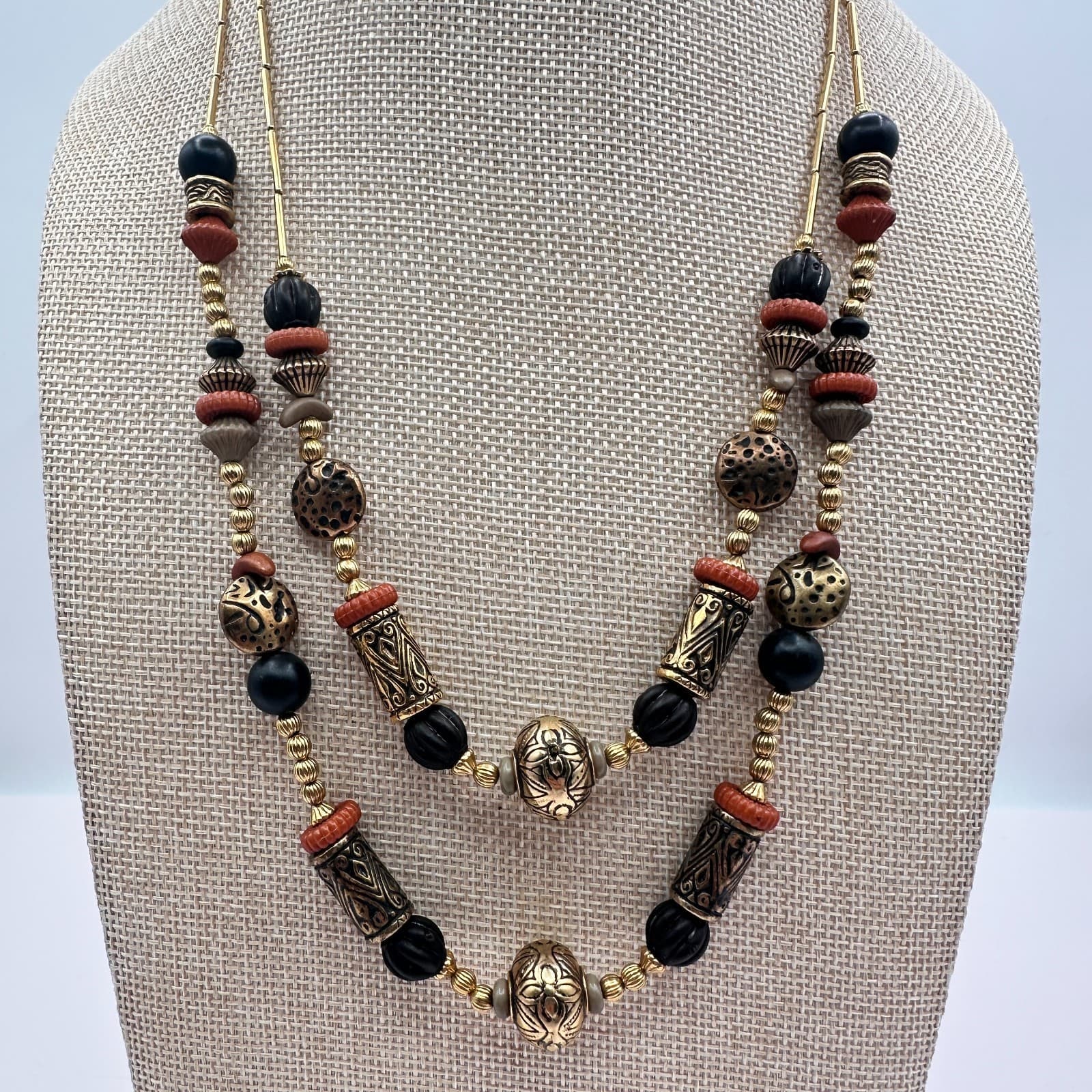 Vintage 90s Gold Tone Double Strand Beaded Necklace Boho Women's Classic Jewelry - Thumbnail 2