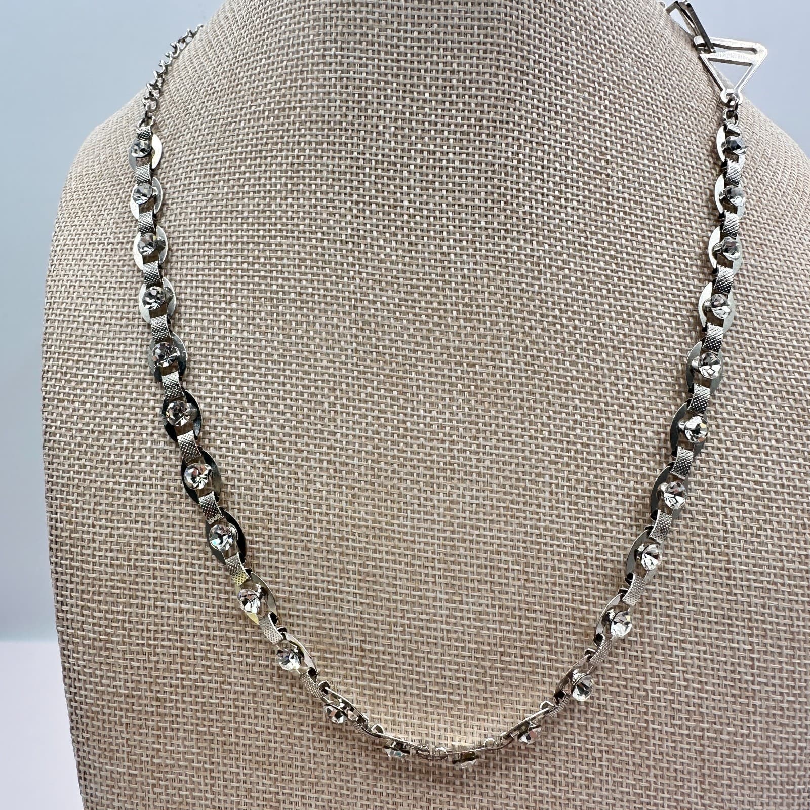 Vintage 90s Crown Modernist Necklace Silver Tone Diamante Statement Jewelry - Thumbnail 7