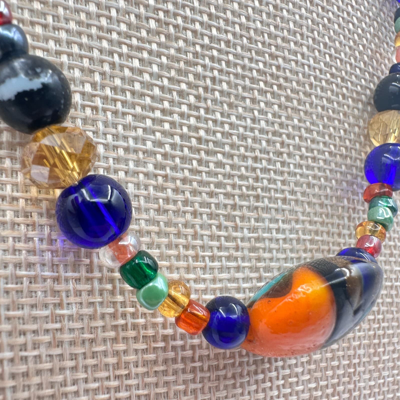 Vintage 90s Beaded Necklace Glass Lapis Agate Murano Style Statement Jewelry - Thumbnail 3