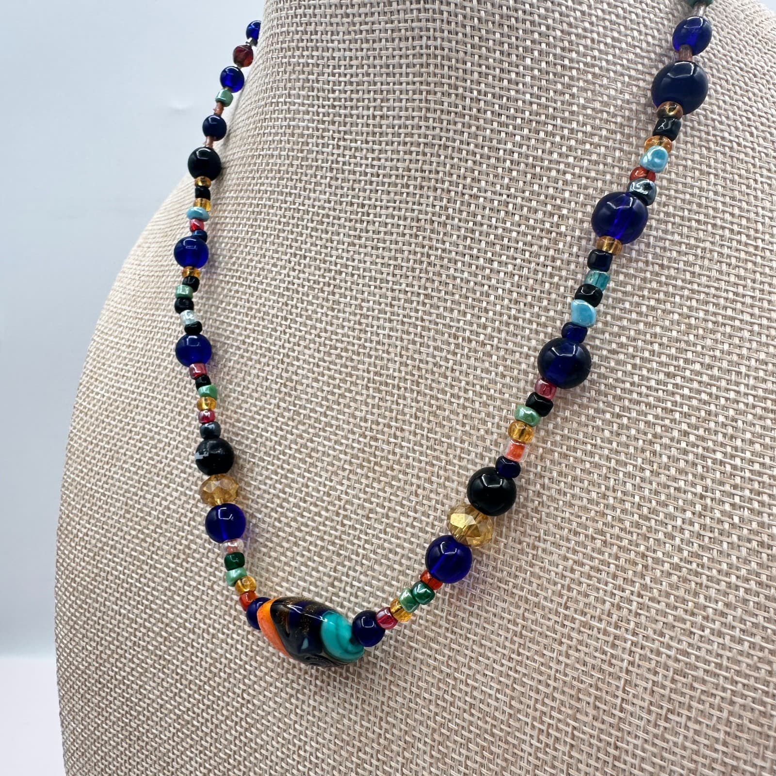 Vintage 90s Beaded Necklace Glass Lapis Agate Murano Style Statement Jewelry - Thumbnail 5