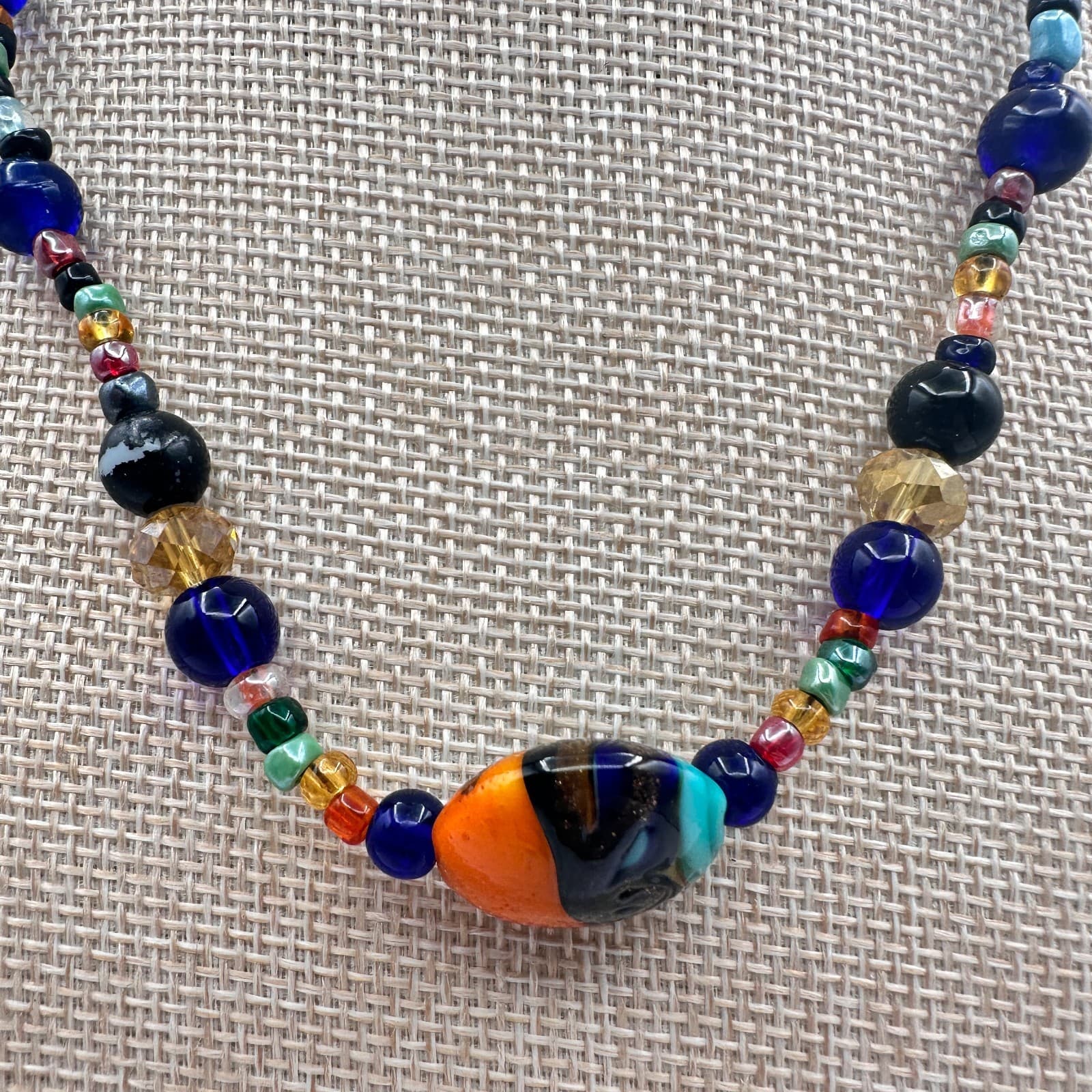 Vintage 90s Beaded Necklace Glass Lapis Agate Murano Style Statement Jewelry - Thumbnail 2
