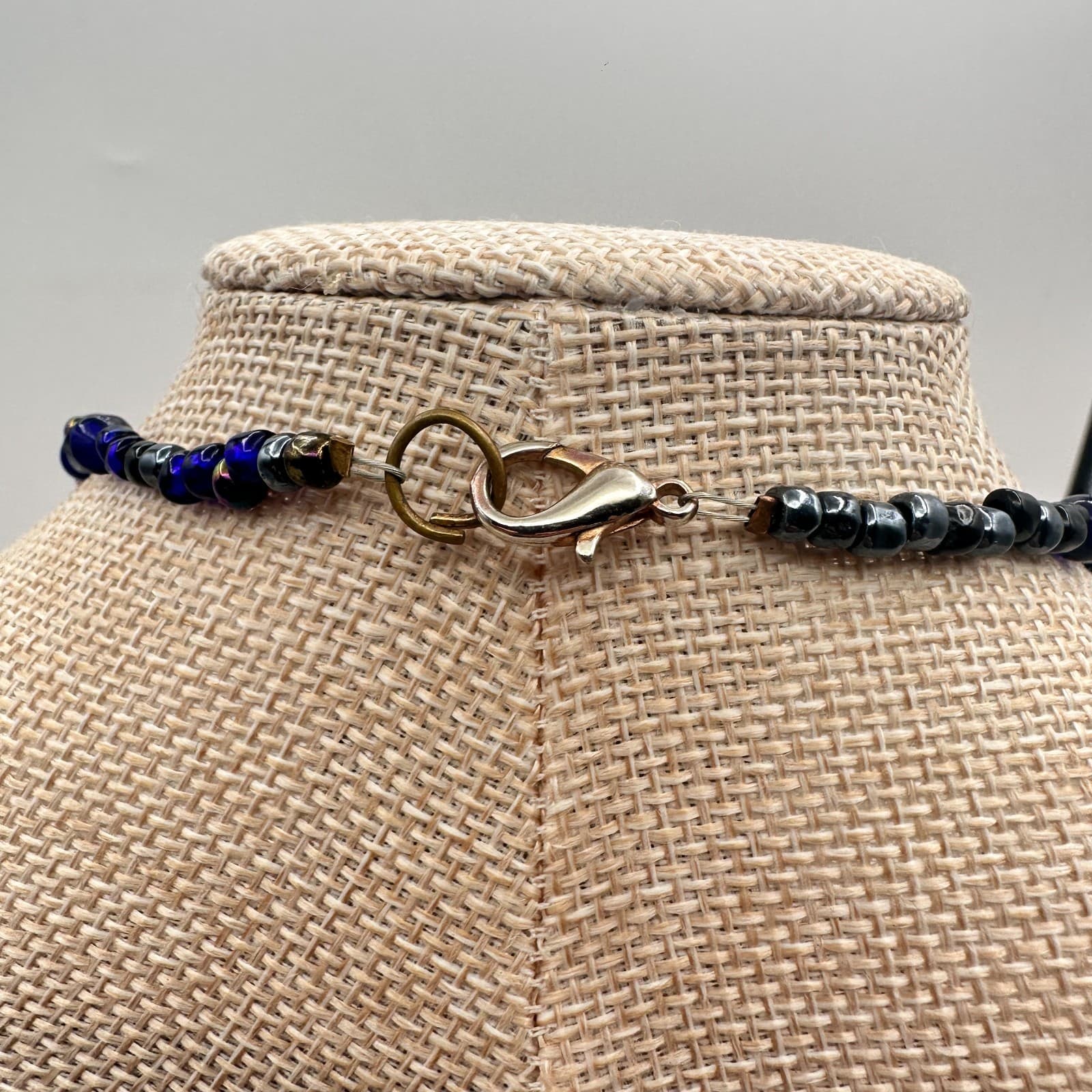 Vintage 90s Beaded Necklace Glass Lapis Agate Murano Style Statement Jewelry - Thumbnail 7