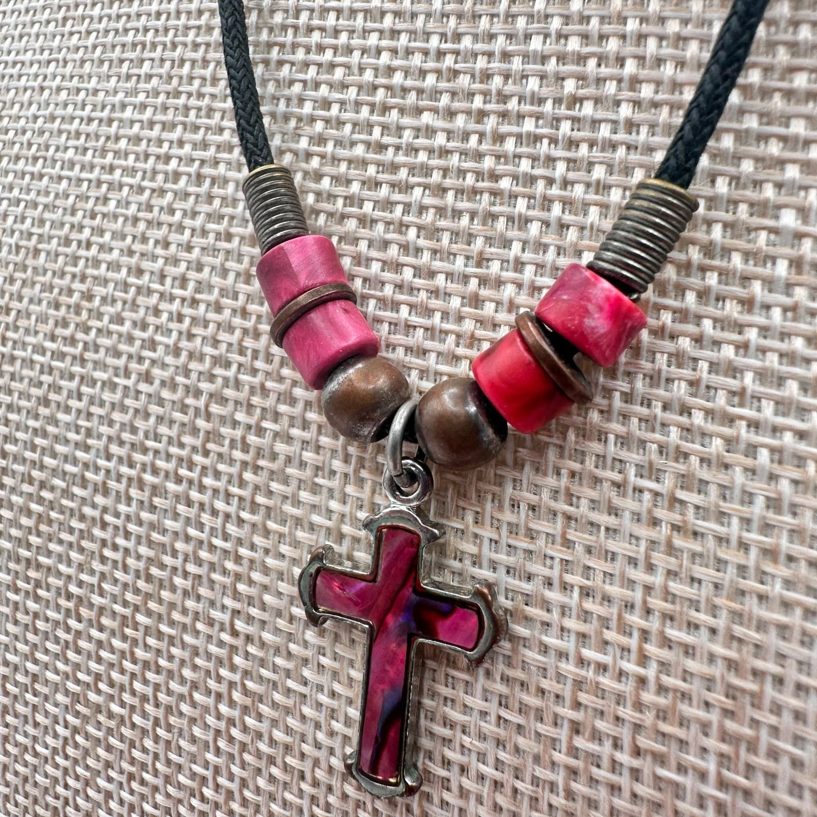 Vintage 80s Red Pink Mood Cross Necklace Black Cord Beaded Statement Jewelry - Thumbnail 6