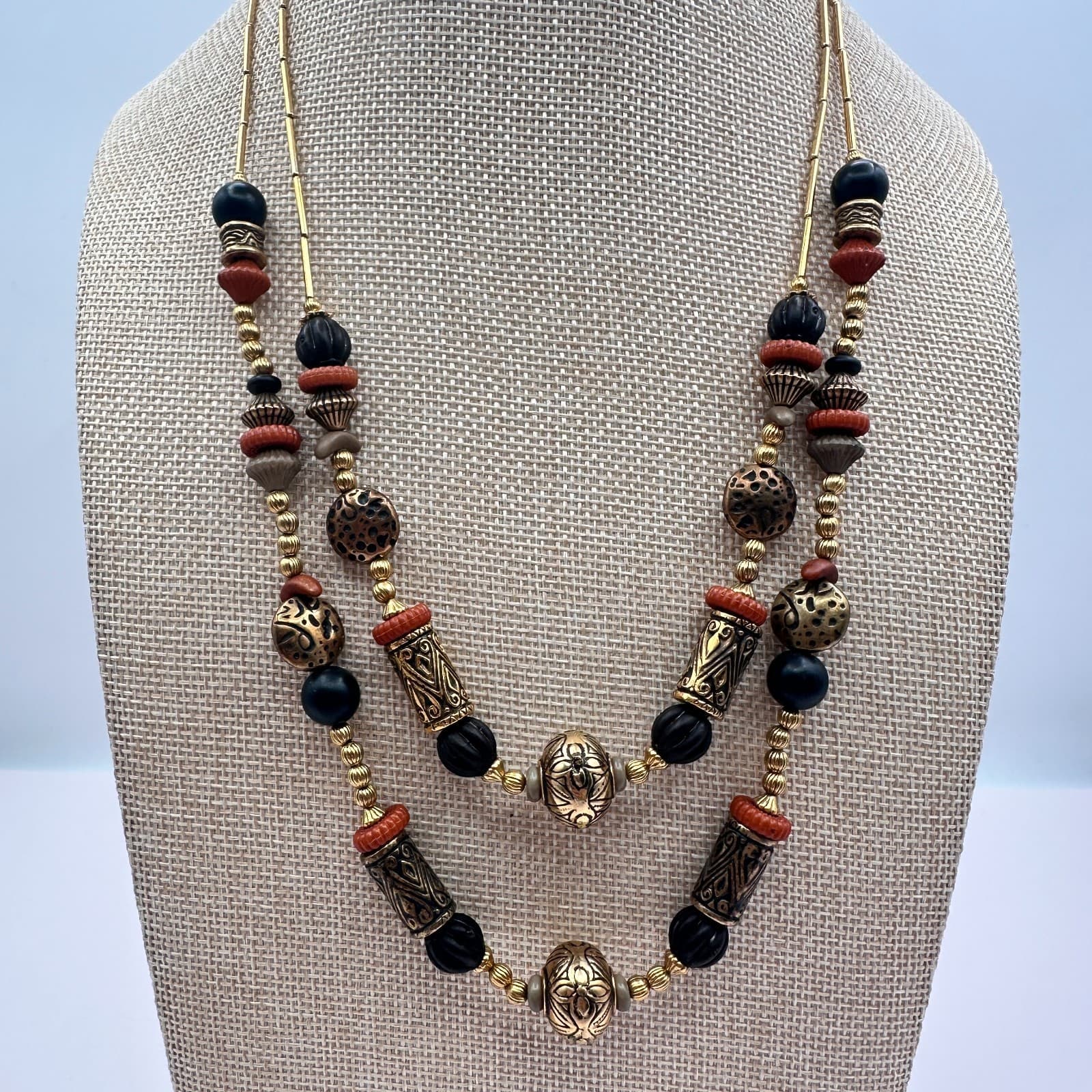 Vintage 90s Gold Tone Double Strand Beaded Necklace Boho Women's Classic Jewelry - Thumbnail 8