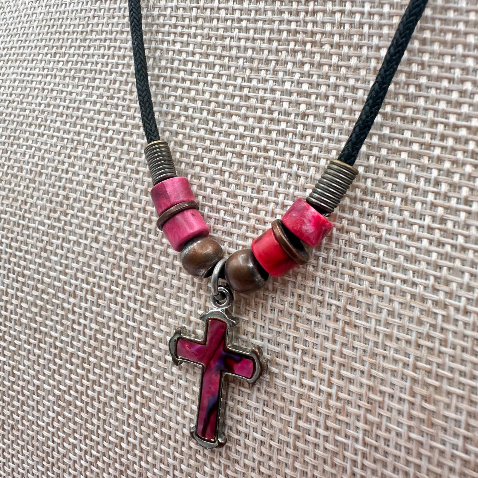 Vintage 80s Red Pink Mood Cross Necklace Black Cord Beaded Statement Jewelry - Thumbnail 5