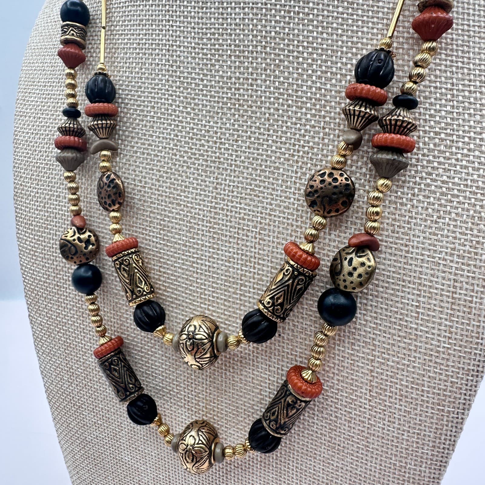 Vintage 90s Gold Tone Double Strand Beaded Necklace Boho Women's Classic Jewelry - Thumbnail 5