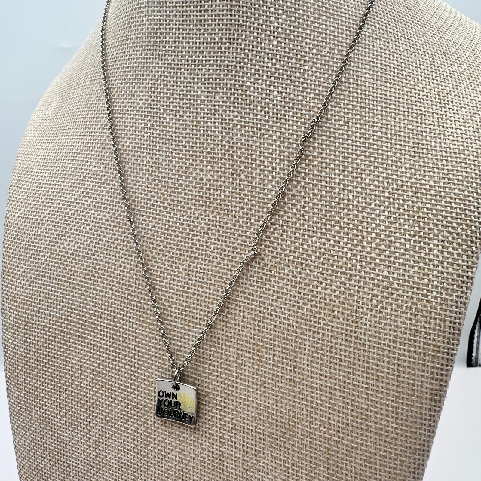 Vintage 80s Own Your Journey Silver Square Pendant Necklace Inspiration Jewelry - Thumbnail 6