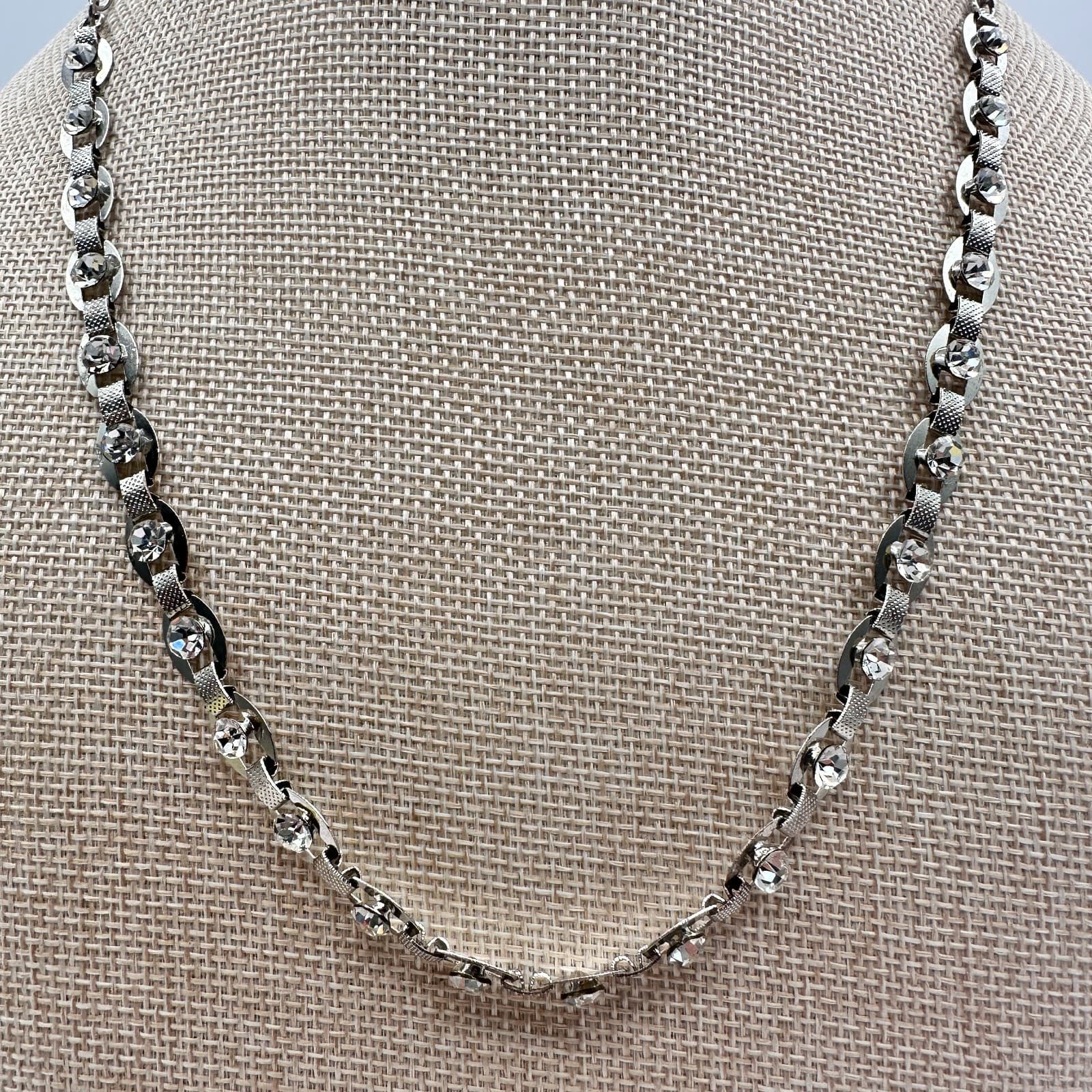 Vintage 90s Crown Modernist Necklace Silver Tone Diamante Statement Jewelry - Thumbnail 2