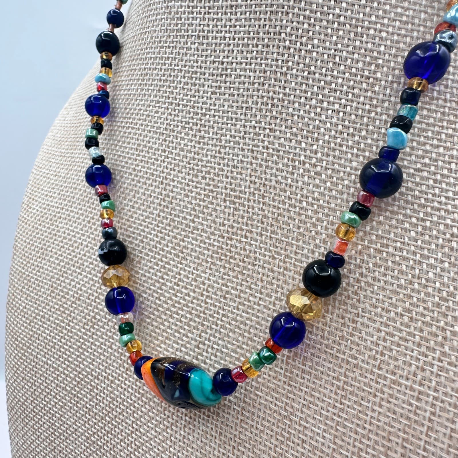 Vintage 90s Beaded Necklace Glass Lapis Agate Murano Style Statement Jewelry - Thumbnail 4