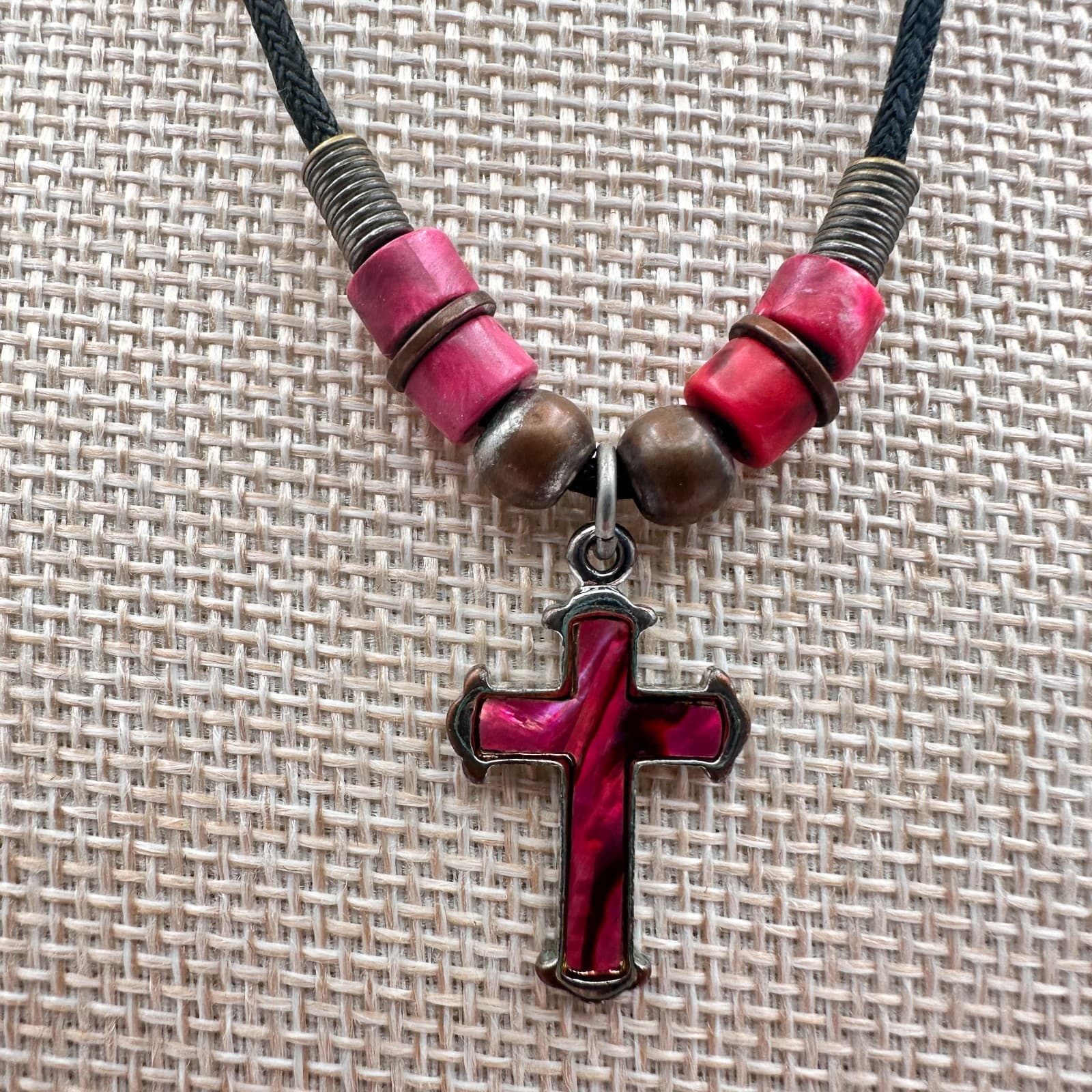 Vintage 80s Red Pink Mood Cross Necklace Black Cord Beaded Statement Jewelry - Thumbnail 3
