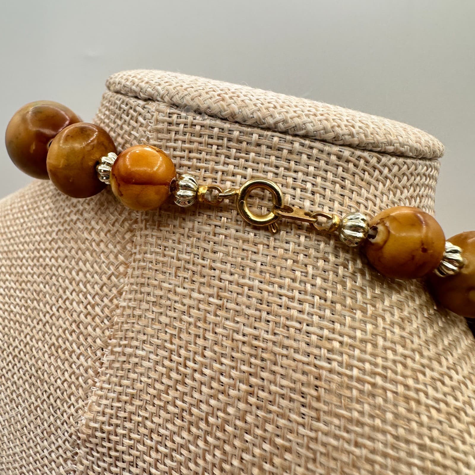 Vintage 70s Butterscotch Jasper Silver Tone Beaded Necklace Statement Jewelry - Thumbnail 3