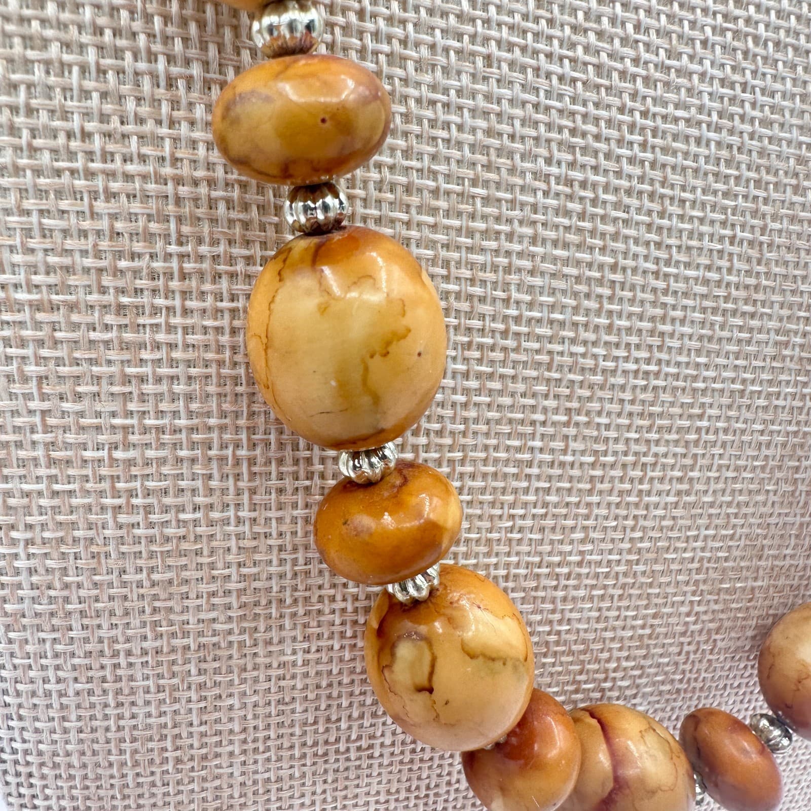 Vintage 70s Butterscotch Jasper Silver Tone Beaded Necklace Statement Jewelry - Thumbnail 6