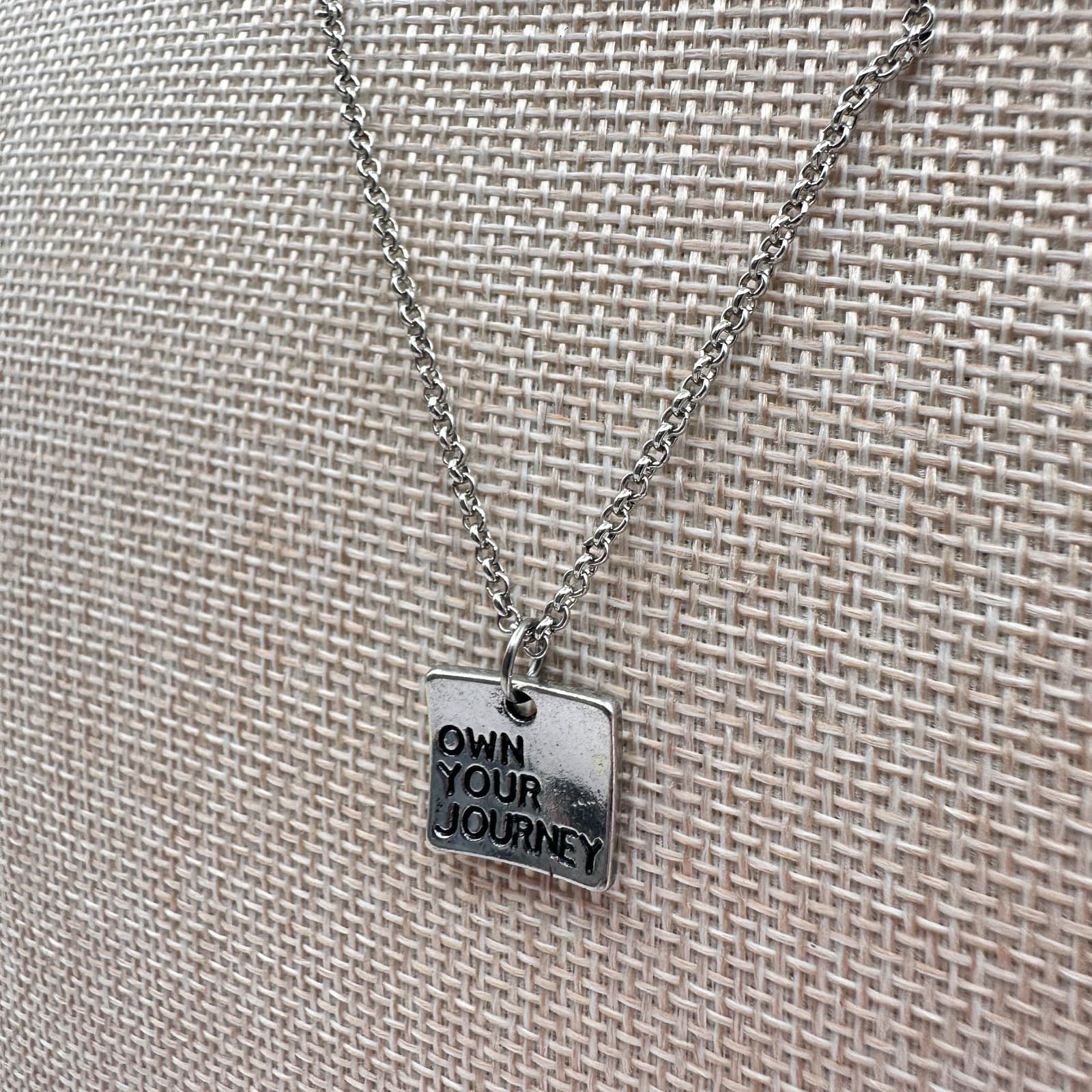 Vintage 80s Own Your Journey Silver Square Pendant Necklace Inspiration Jewelry - Thumbnail 5