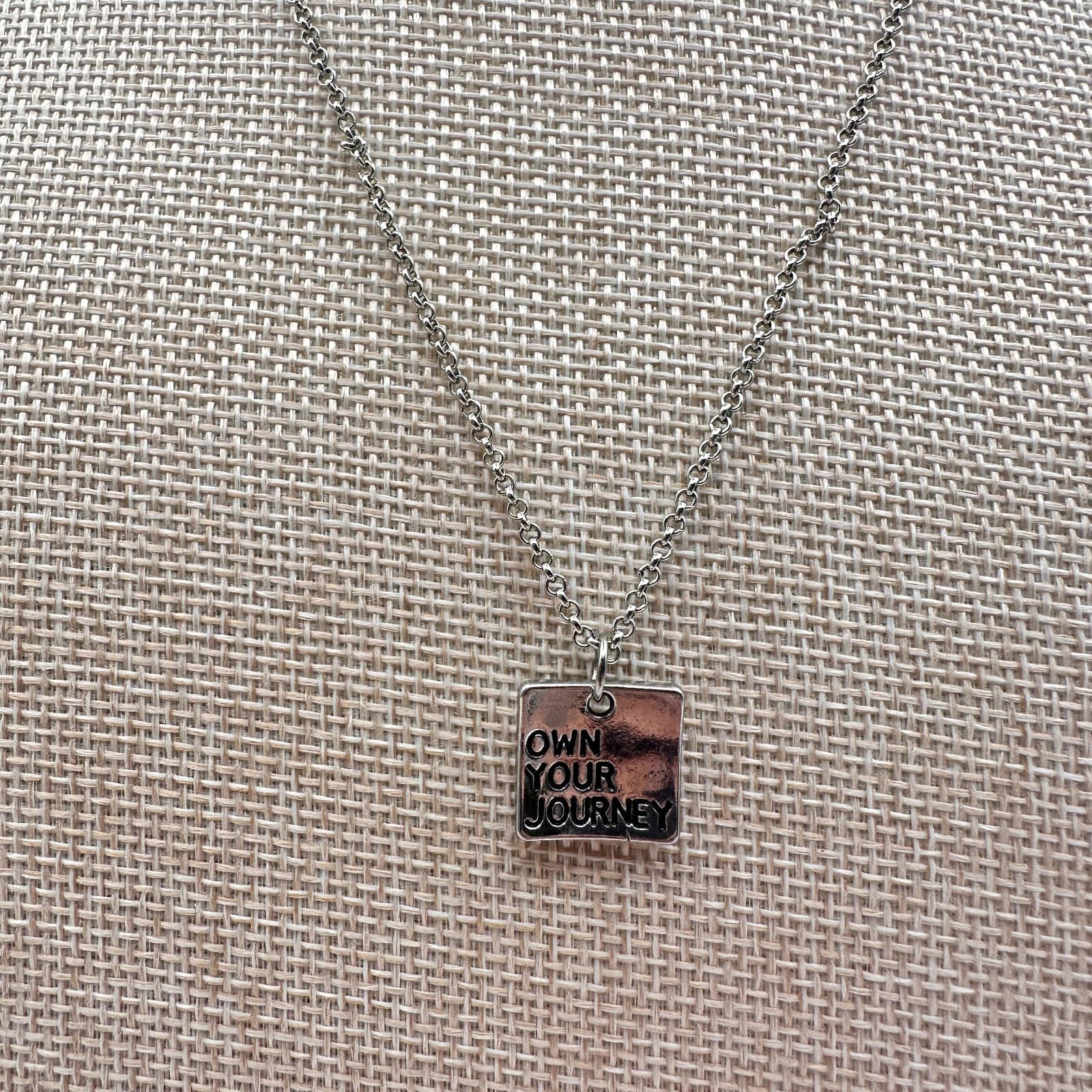 Vintage 80s Own Your Journey Silver Square Pendant Necklace Inspiration Jewelry - Thumbnail 2