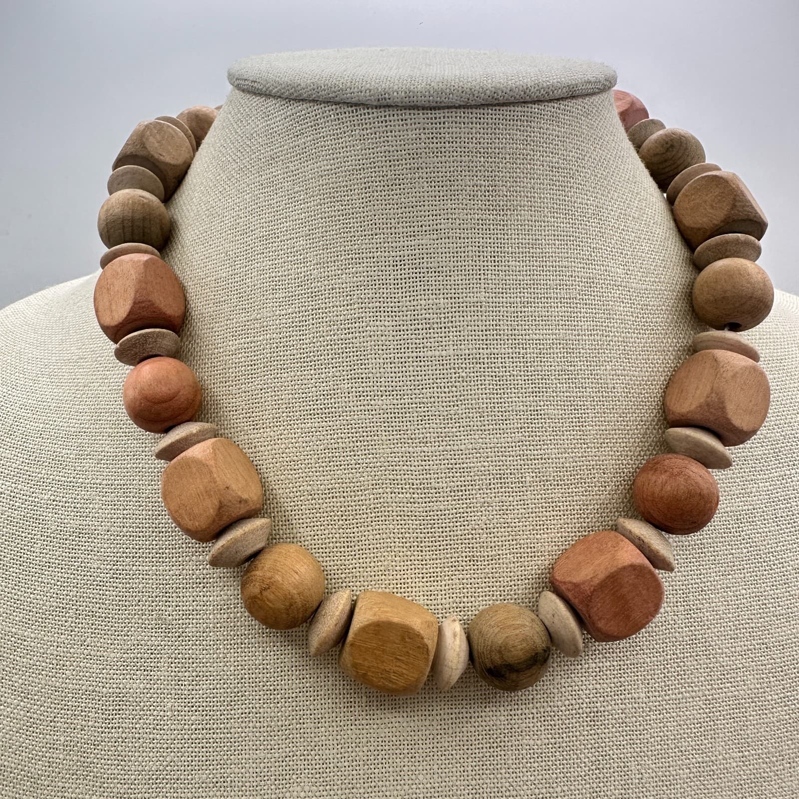 Vintage 80s Natural Wood Bead Chunky Statement Necklace Cube Round Retro Jewelry - Thumbnail 6