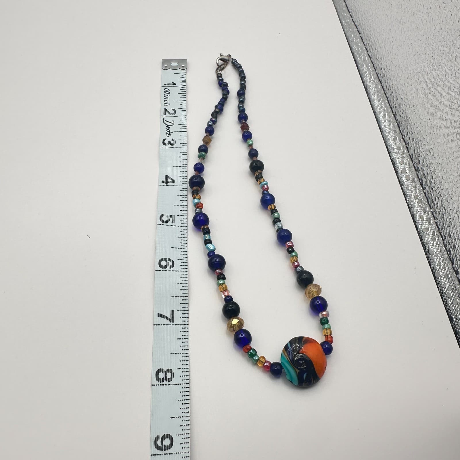 Vintage 90s Beaded Necklace Glass Lapis Agate Murano Style Statement Jewelry - Thumbnail 8