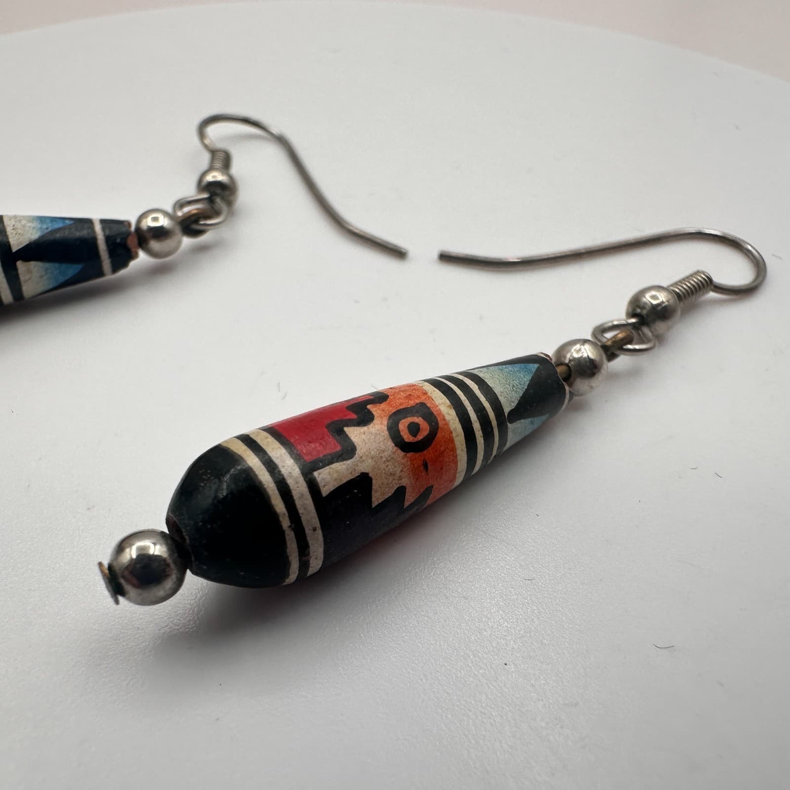 Vintage Y2K Silver Tone Polycrome Wooden Bead Teardrop Earrings Women's Jewelry - Thumbnail 6