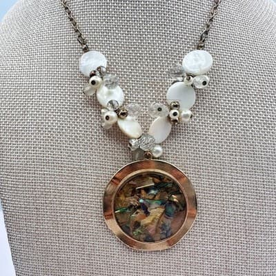 Vintage Y2K Gold Tone Pearl Iridescent Abalone Shell Pendant Necklace Jewelry - Thumbnail 7