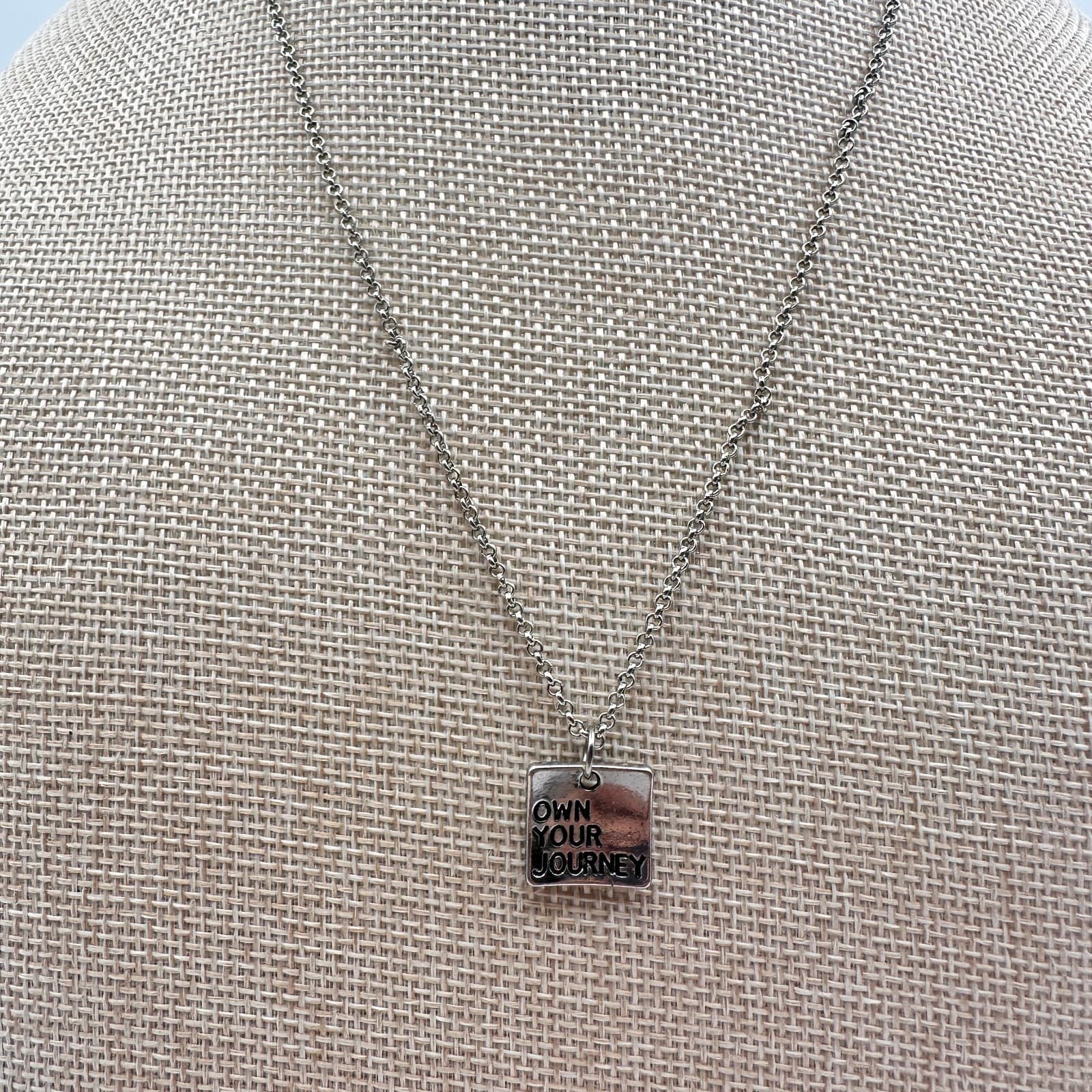 Vintage 80s Own Your Journey Silver Square Pendant Necklace Inspiration Jewelry - Thumbnail 3