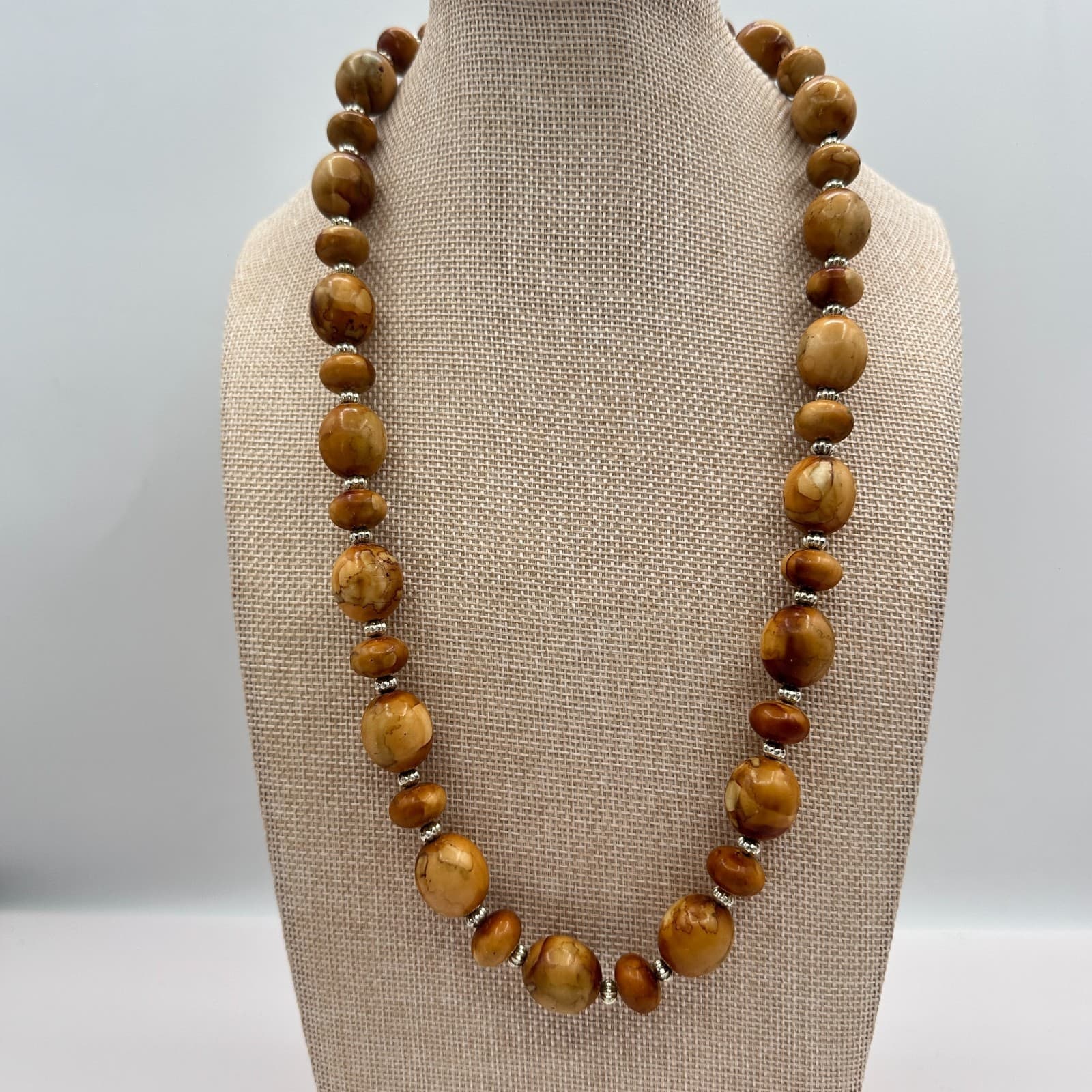 Vintage 70s Butterscotch Jasper Silver Tone Beaded Necklace Statement Jewelry