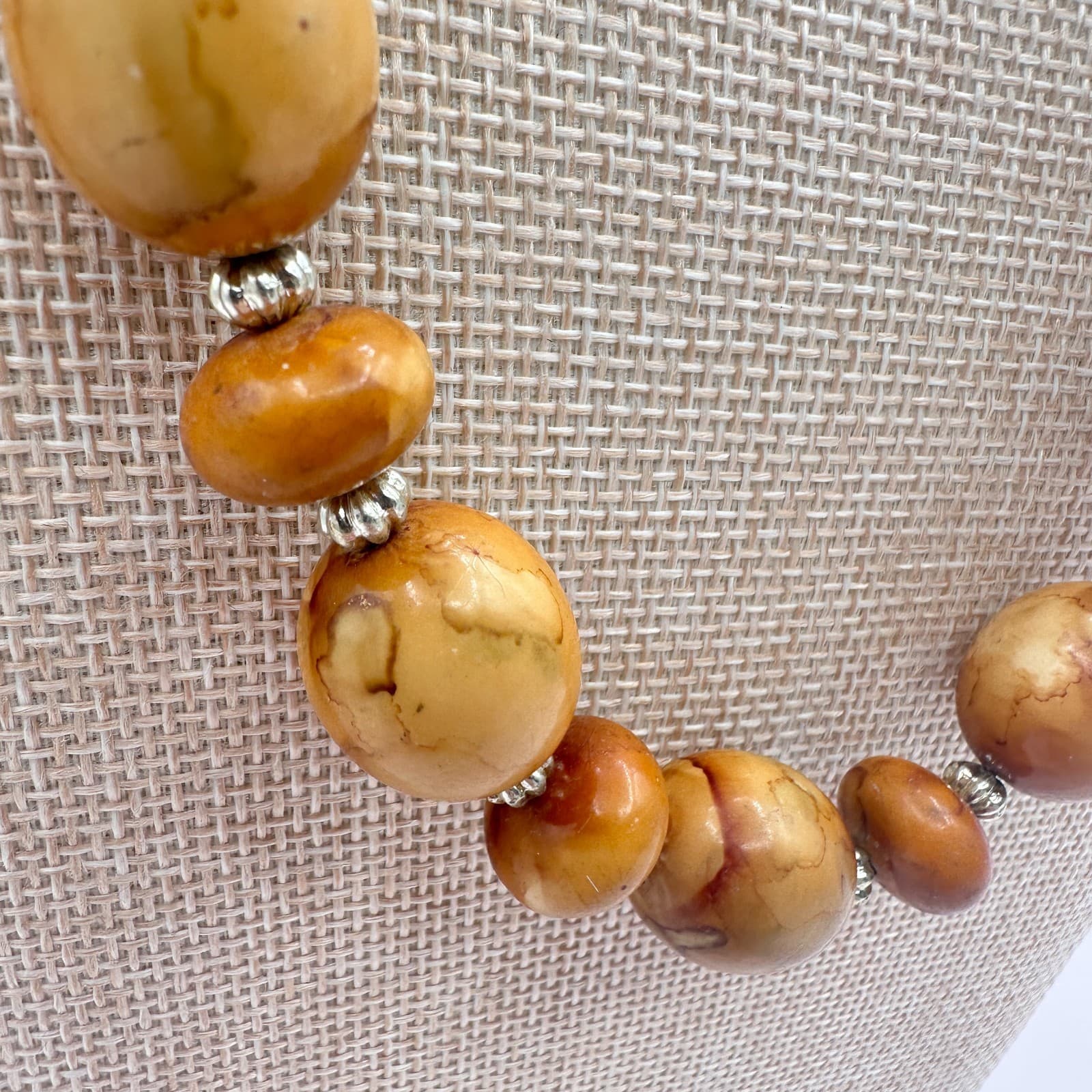 Vintage 70s Butterscotch Jasper Silver Tone Beaded Necklace Statement Jewelry - Thumbnail 5