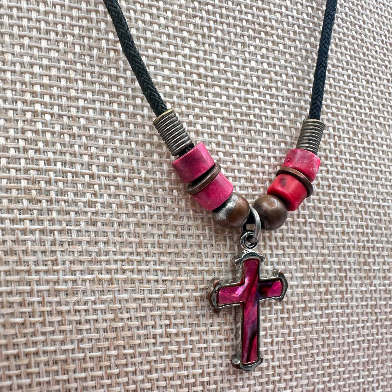 Vintage 80s Red Pink Mood Cross Necklace Black Cord Beaded Statement Jewelry - Thumbnail 4