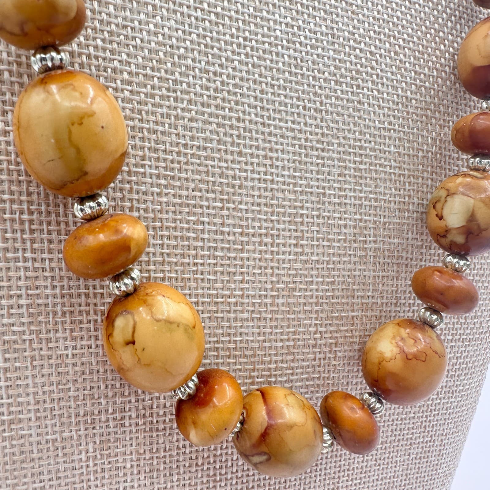 Vintage 70s Butterscotch Jasper Silver Tone Beaded Necklace Statement Jewelry - Thumbnail 8