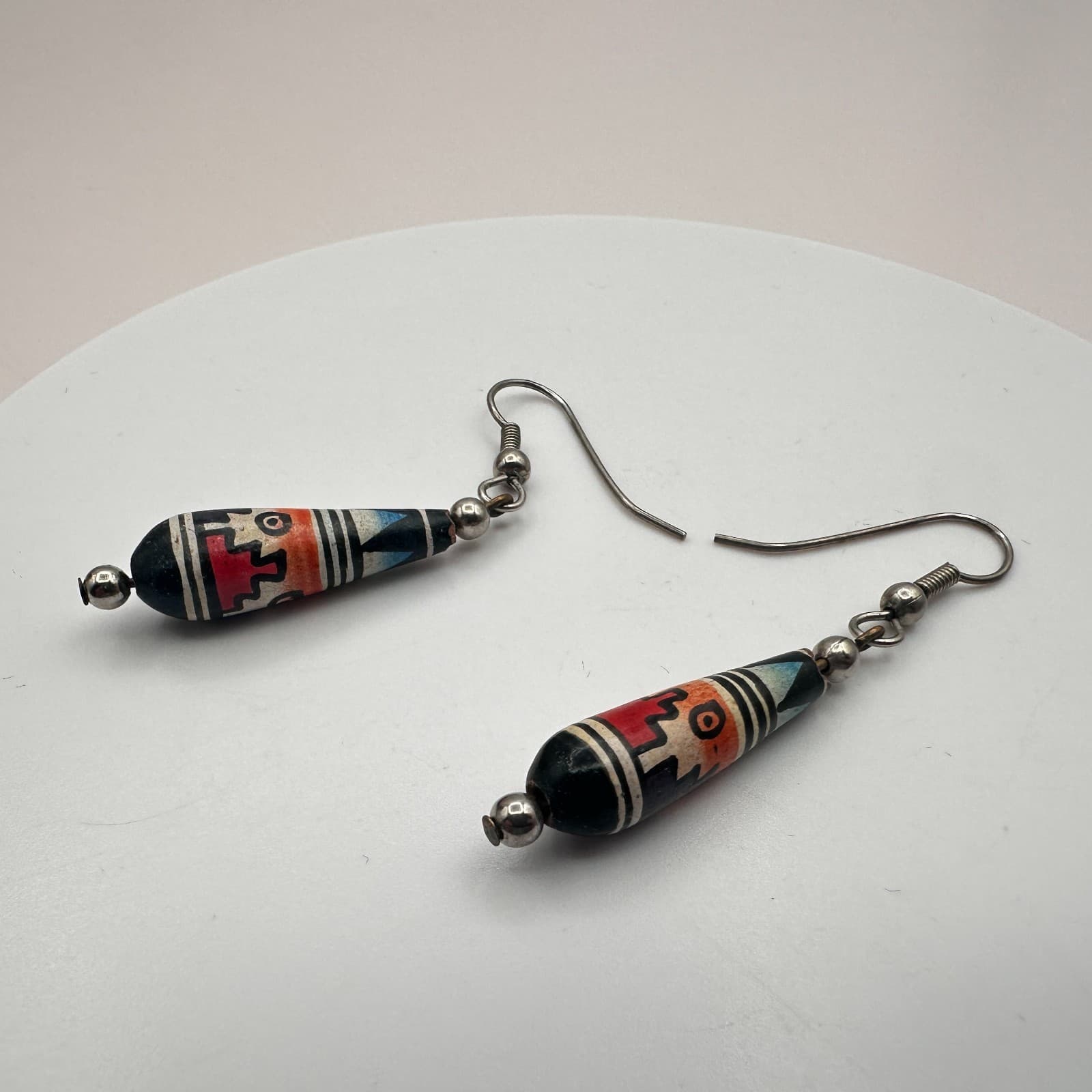 Vintage Y2K Silver Tone Polycrome Wooden Bead Teardrop Earrings Women's Jewelry - Thumbnail 5