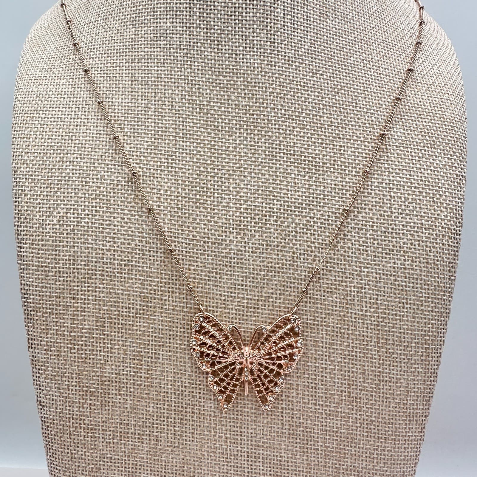 Vintage 80s Rose Gold Tone Butterfly Necklace Clear Rhinestone Statement Jewelry - Thumbnail 2
