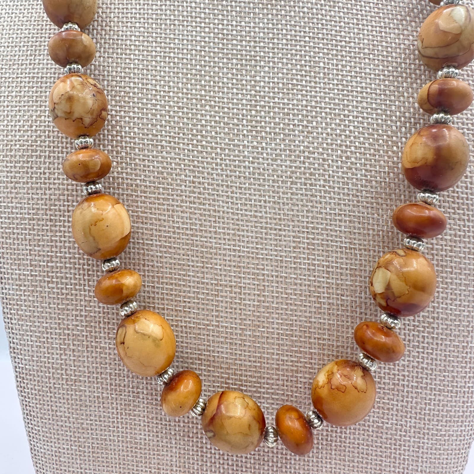 Vintage 70s Butterscotch Jasper Silver Tone Beaded Necklace Statement Jewelry - Thumbnail 7
