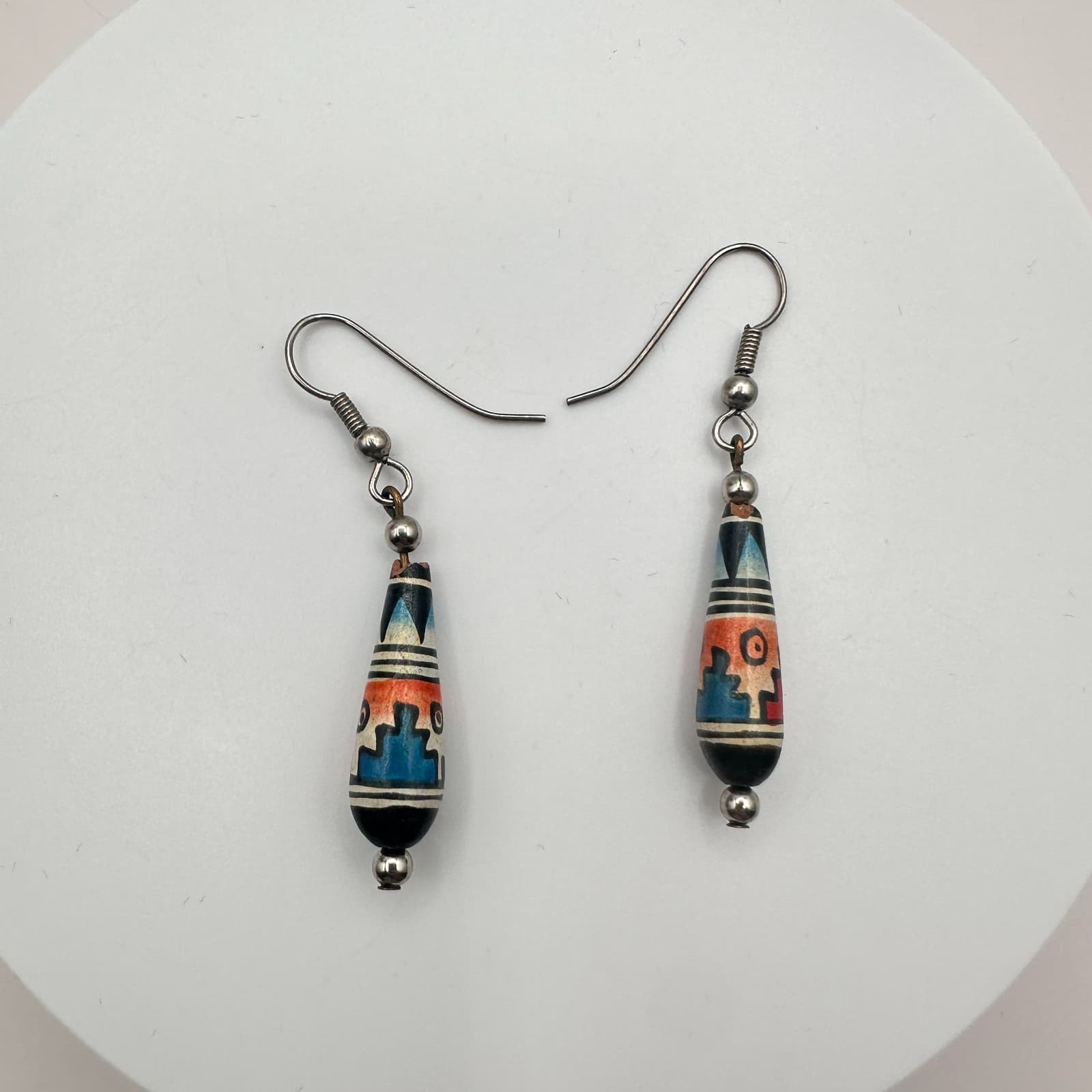 Vintage Y2K Silver Tone Polycrome Wooden Bead Teardrop Earrings Women's Jewelry - Thumbnail 2