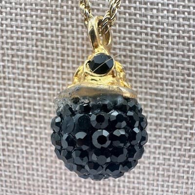 Vintage 80s Gold Tone Black Rhinestone Disco Ball Pendant Twisted Chain Jewelry - Thumbnail 7