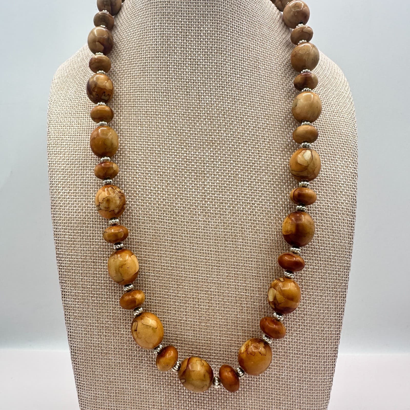 Vintage 70s Butterscotch Jasper Silver Tone Beaded Necklace Statement Jewelry - Thumbnail 10