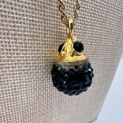 Vintage 80s Gold Tone Black Rhinestone Disco Ball Pendant Twisted Chain Jewelry - Thumbnail 6